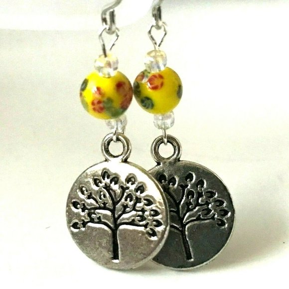 Celtic Tree of Life Murano Bead Earrings Yellow Red Silver Plated Vintage Beads - Picture 3 of 8